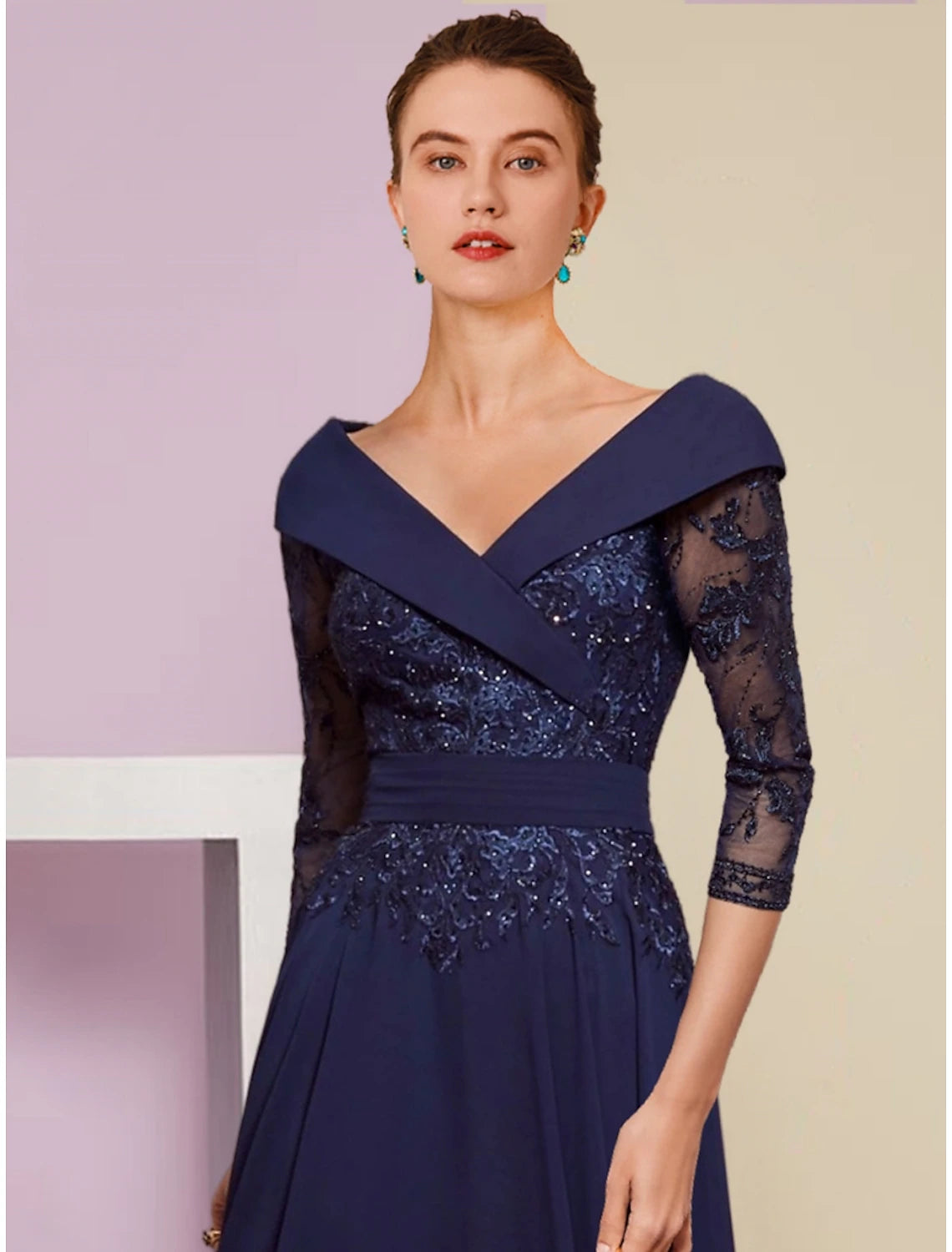 A-Linie Kleid für die Mutter der Braut, Hochzeitsgast, elegant, V-Ausschnitt, knöchellang, Chiffon, 3/4-Ärmel, mit Spitzenfalten, Pailletten